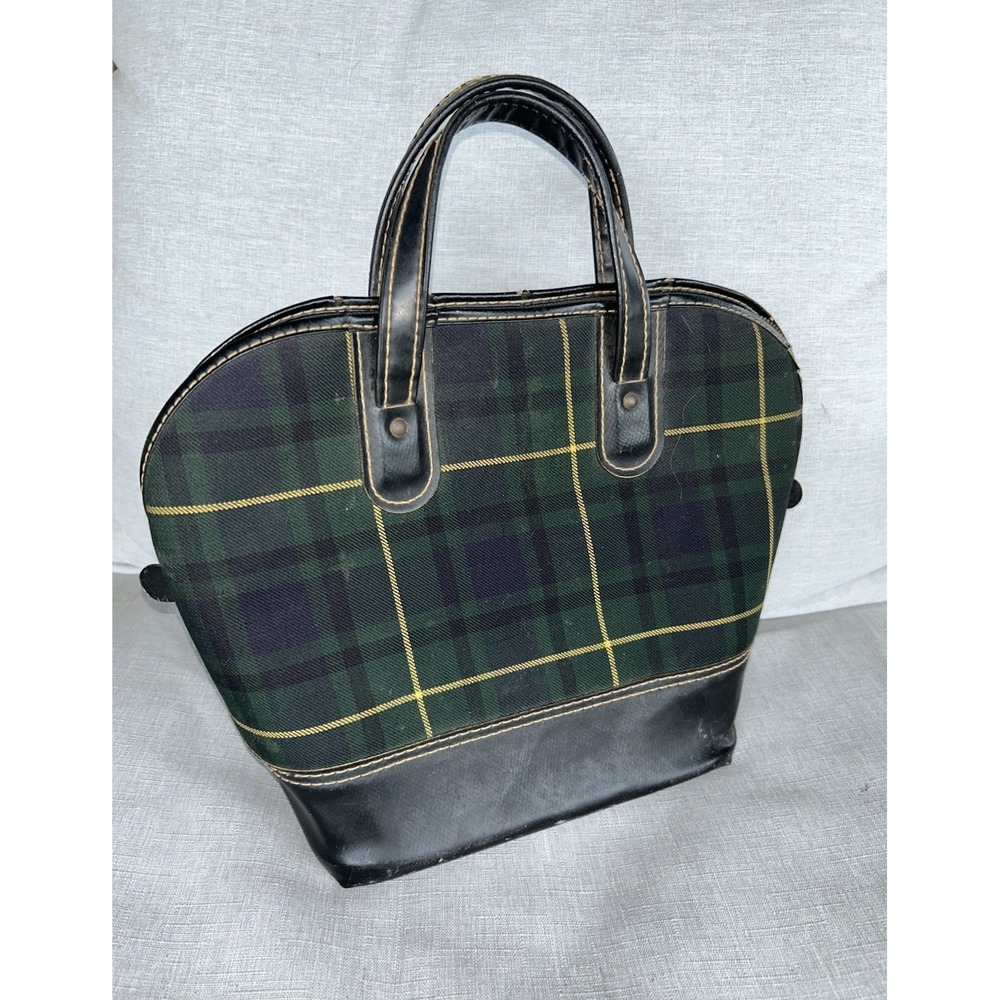 vintage mid-century Serval tote bag features a green and blue plaid pattern